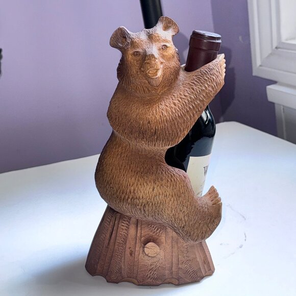 Vintage Wooden Bear Statue Hand Carved Standing Sculpture 11" tall Bottle Holder - Picture 2 of 7
